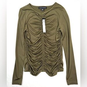 NWT CATHERINE MALANDRINO Y2K Olive Green Ruched Long Sleeve Top Fairygoth XS
